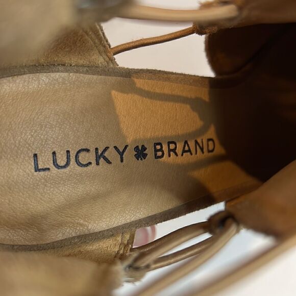 Lucky Brand Reevas Peep Toe Wedge Camel Suede Booties Size 8.5 - Picture 11 of 14
